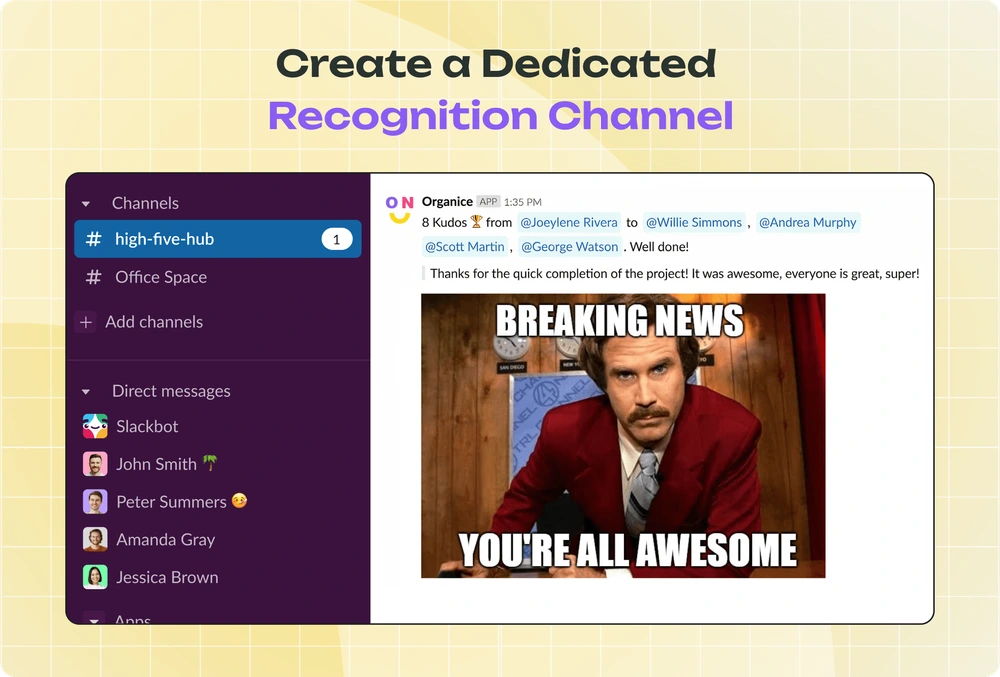 A dedicated #high-five-hub recognition channel in Slack showing a kudos message with a celebratory GIF