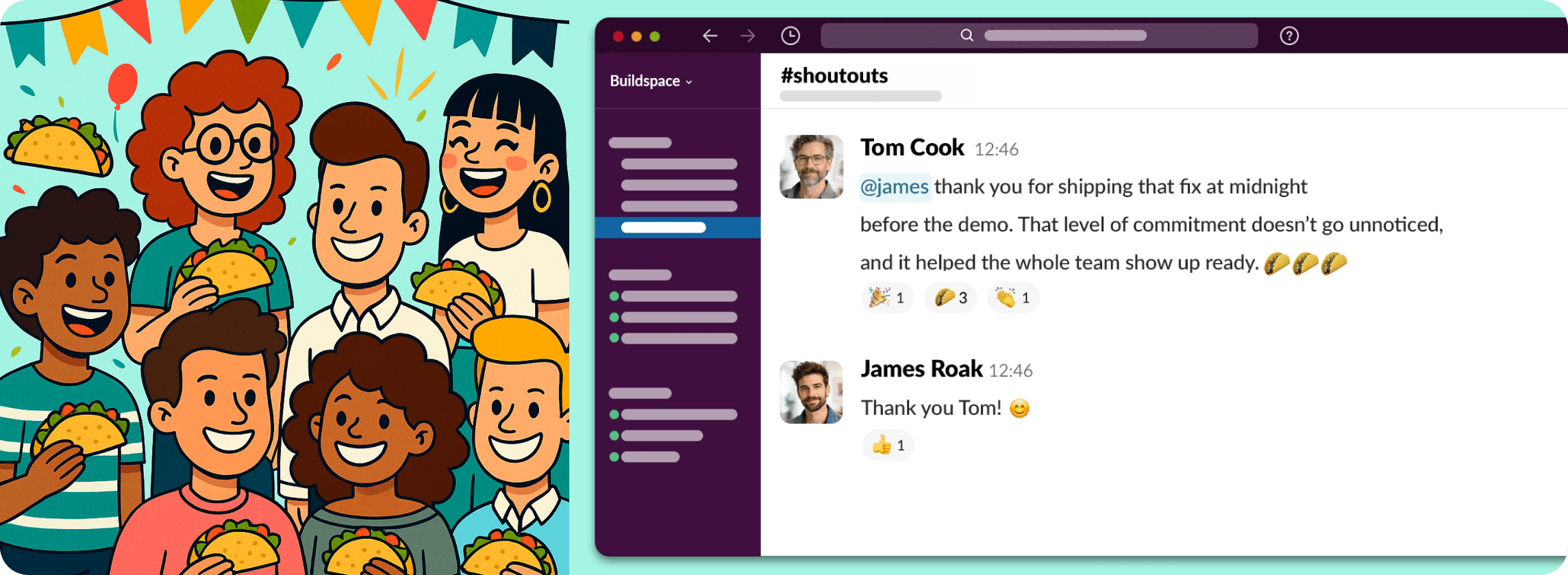 Screenshot of the HeyTaco app for sending peer recognition tacos in Slack