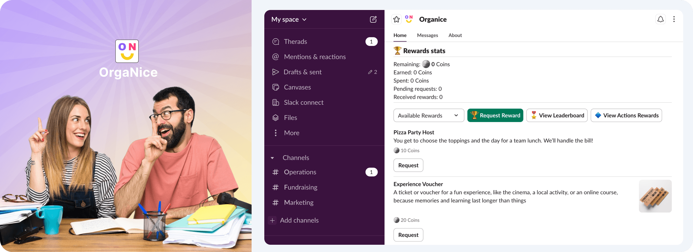 Side-by-side comparison of OrgaNice and HeyTaco features in Slack
