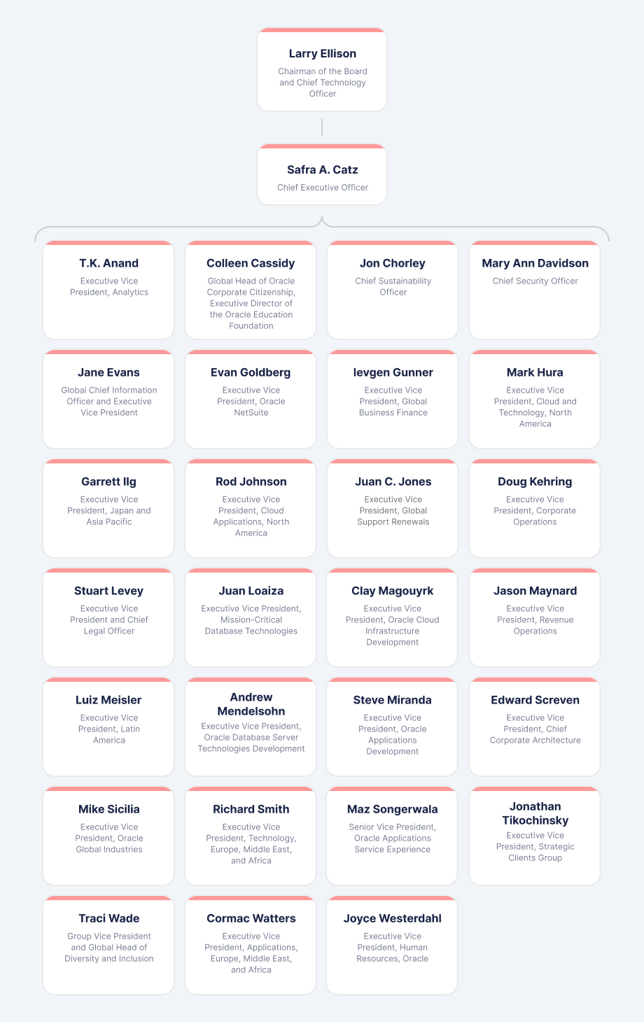 Oracle's organizational chart showing Chairman Larry Ellison, CEO Safra Catz, and their direct-report executives