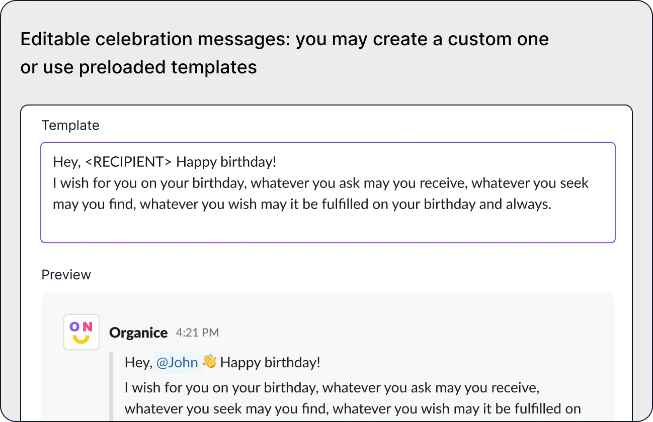 Editable celebration messages with custom and preloaded templates
