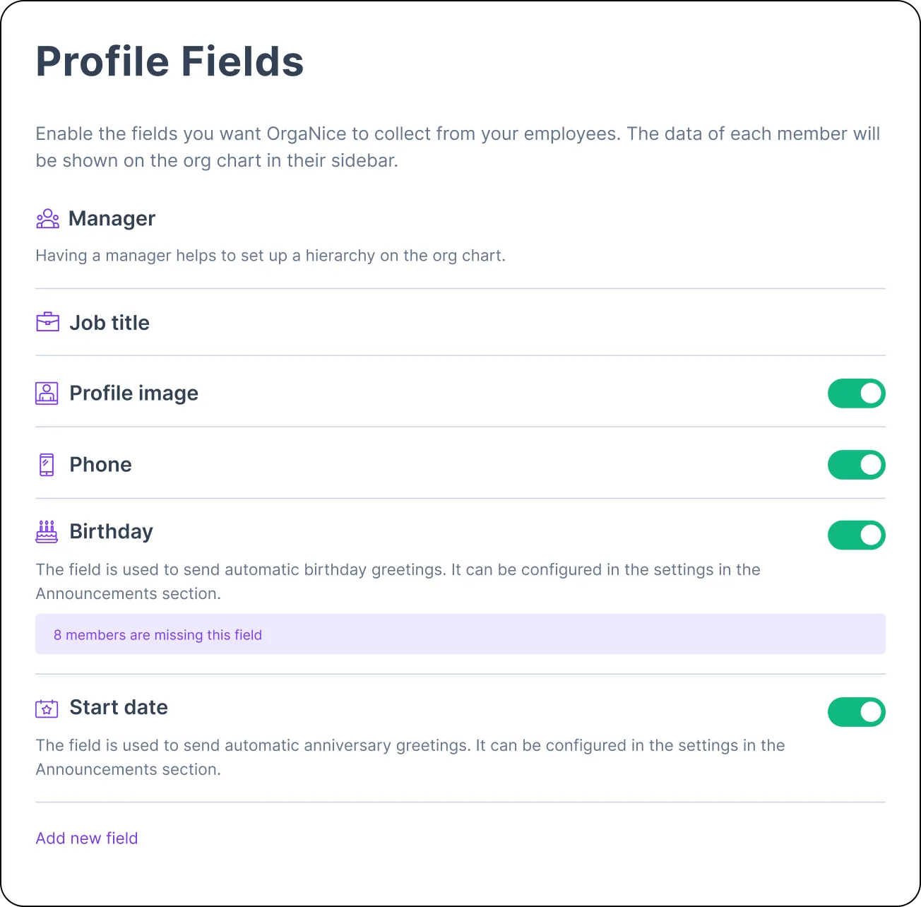Profile fields settings